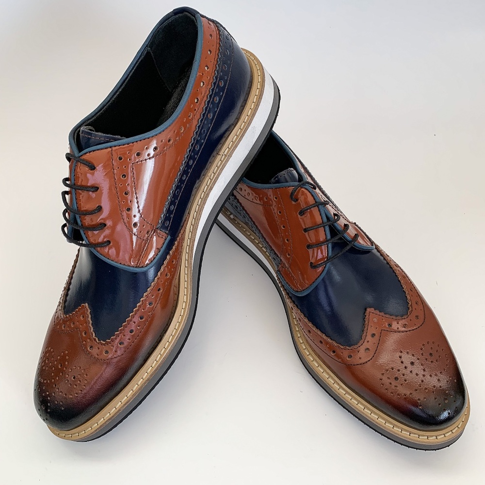 Brown-Navy Blue Wingtip Oxford Leather Dress Shoe